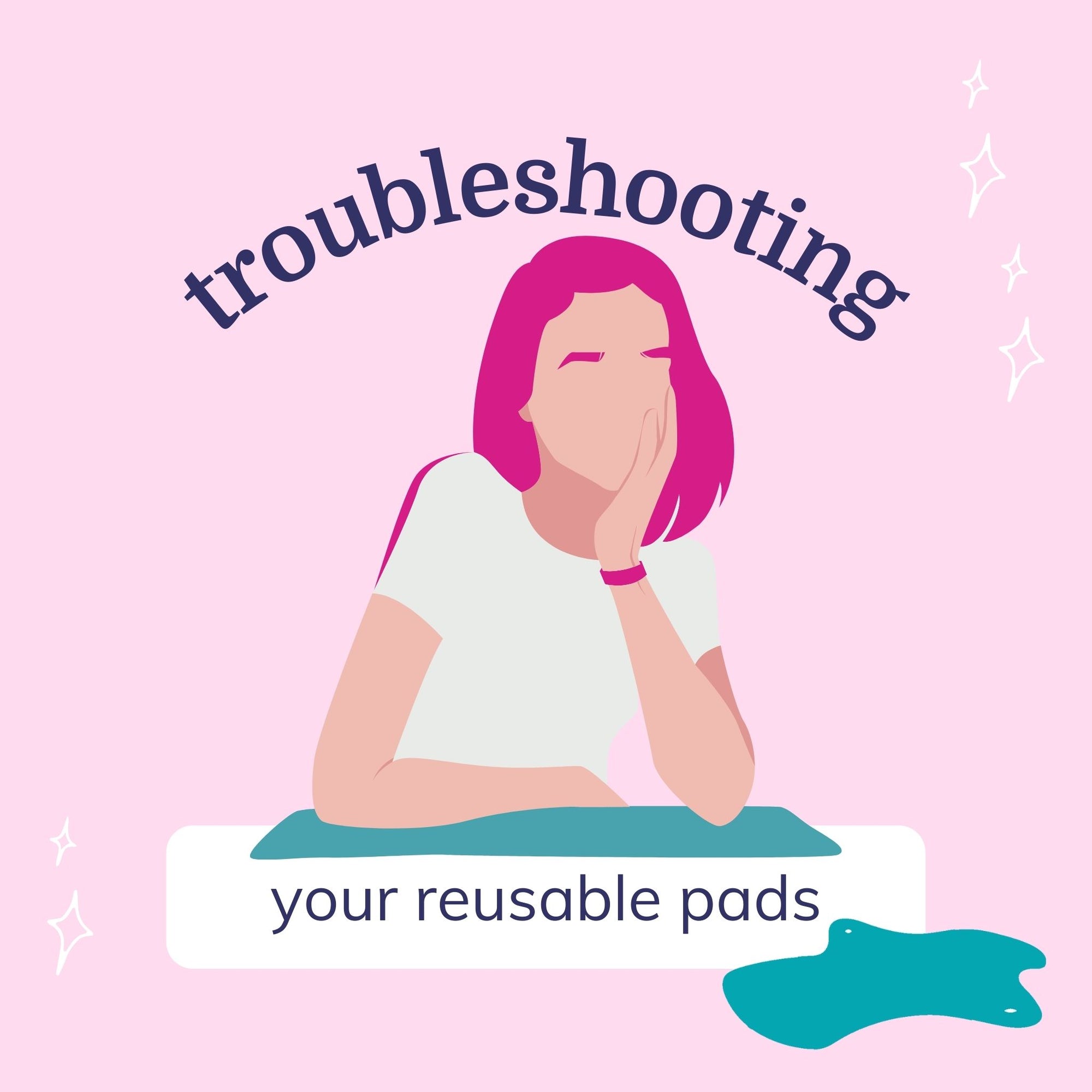 girl with pink hair resting chin hand thinking troubleshooting your reusable pads with teal pad icon in corner on pink background
