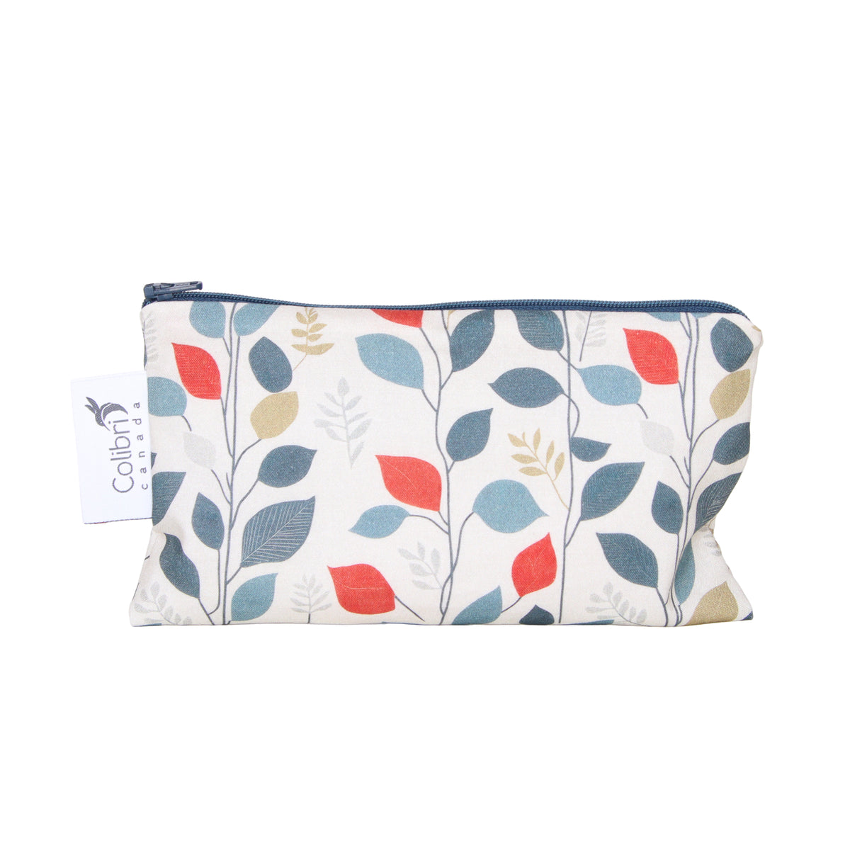 Pouch with leaf pattern and Colibri brand tag on a white background