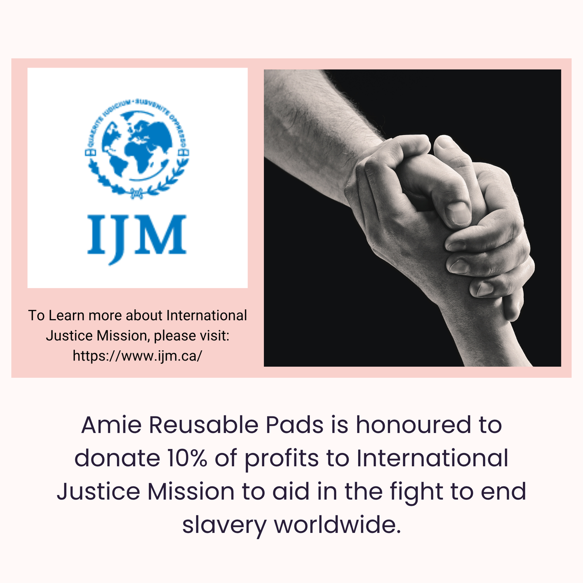 Promotional graphic for Amie Reusable Pads donating 10% of profits to the International Justice Mission (IJM). The left panel features the blue IJM logo and name on a white background with a light pink border, alongside the text 'To Learn more about International Justice Mission, please visit: https://www.ijm.ca/