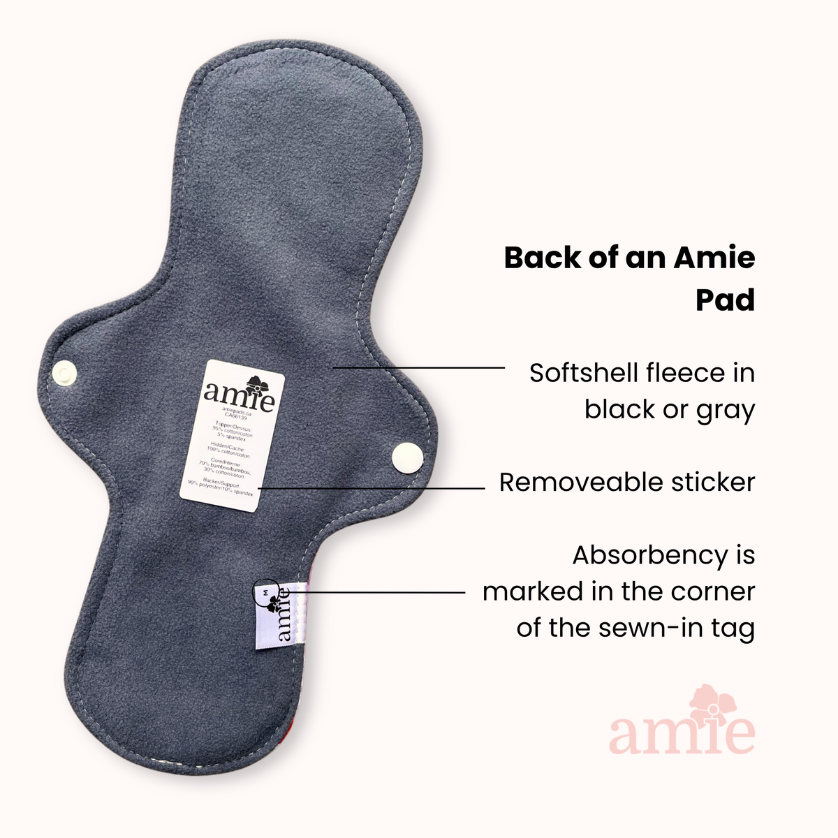 Amie Pads reusable sanitary pad shown on a light peach background with callout text and lines pointing to features such as the back of the pad, softshell fleece material, removable sticker, and absorbency tag.