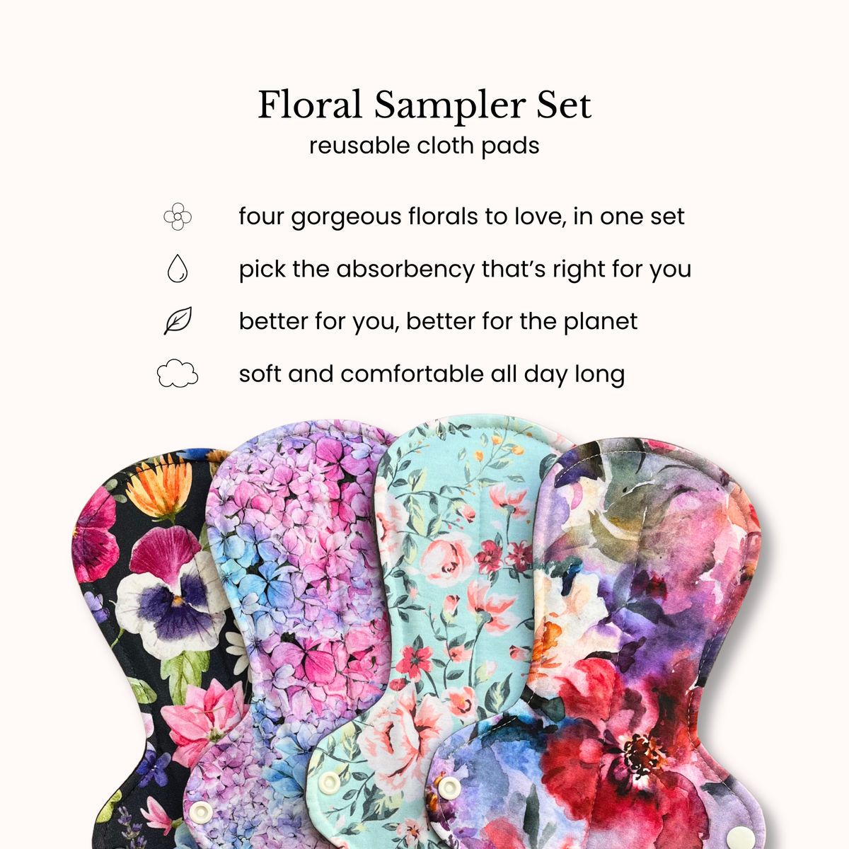 Four reusable cloth pads with colorful floral prints are arranged overlapping on a light cream background, with text above describing the set.