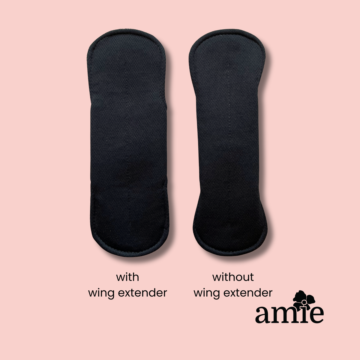 Black sanitary pads with and without wing extenders on a blush background, featuring the Amie brand.