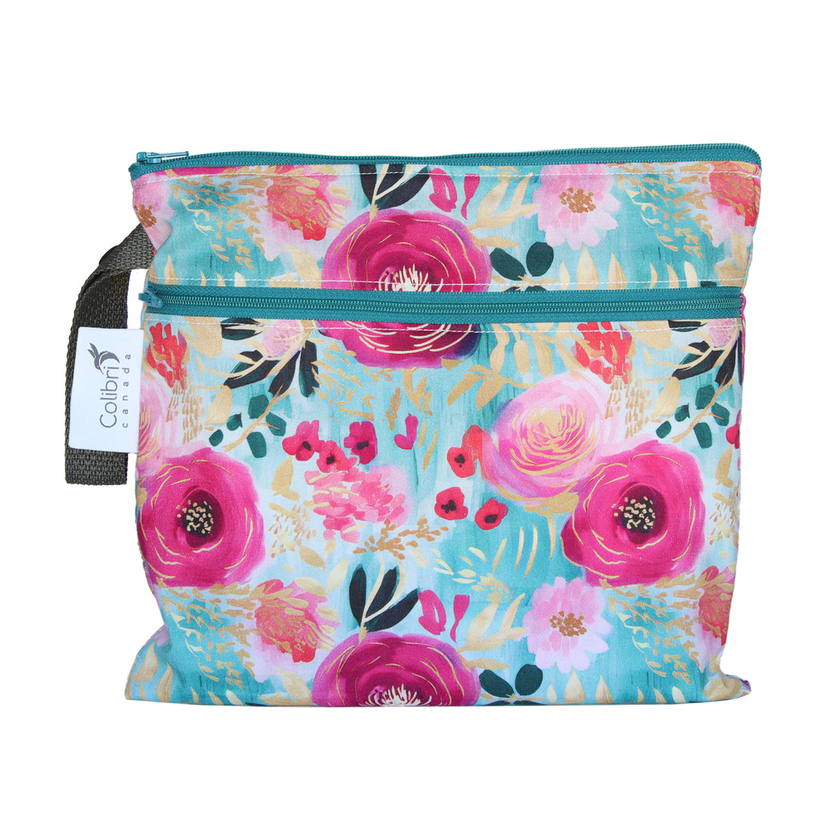 A square zippered pouch with a vibrant floral print featuring pink and red flowers, teal leaves, and a light blue background. It has a teal zipper, a black fabric loop handle with a white Colibri brand tag, and is photographed on a solid white background.