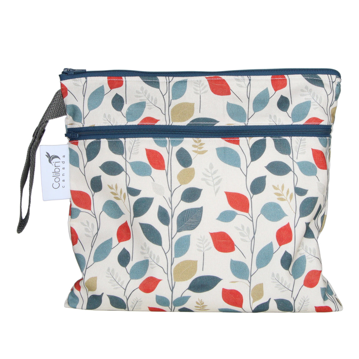 Scandinavian-style leaf patterned pouch with a visible brand tag on a white background
