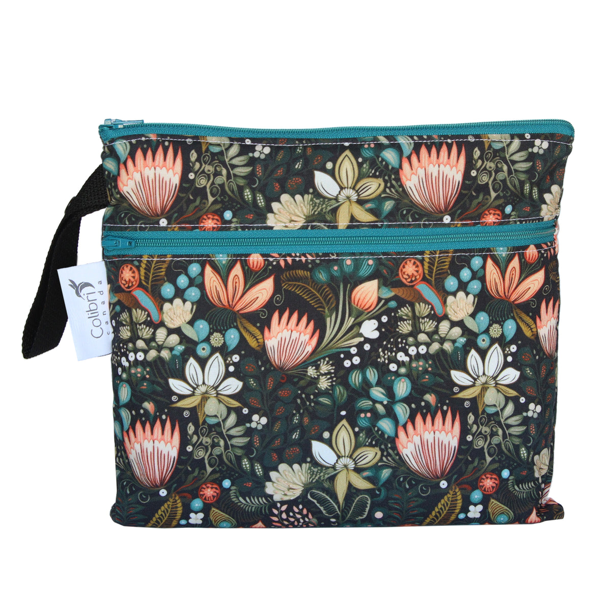 Floral patterned pouch with a visible colibri brand tag on a white background