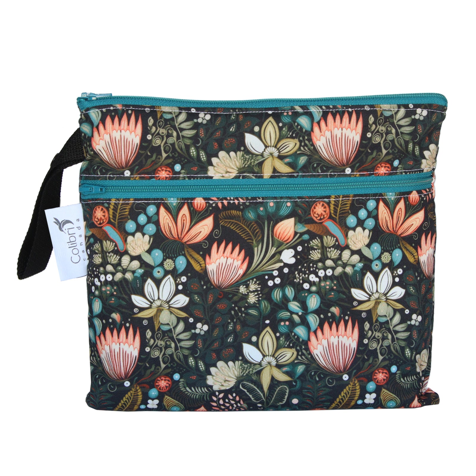 Floral patterned pouch with a visible colibri brand tag on a white background