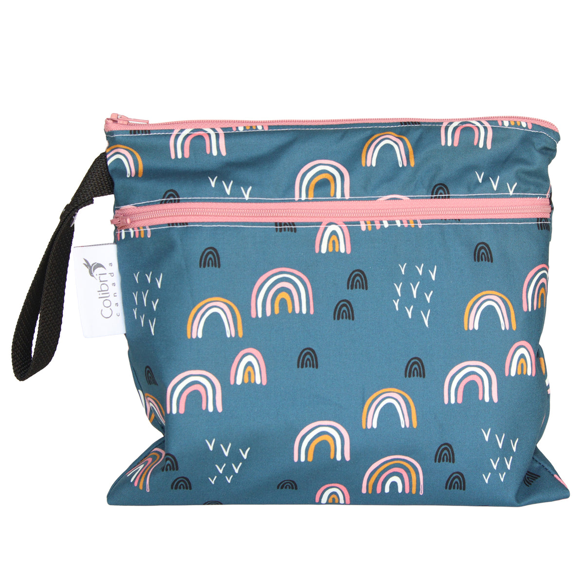 A blue fabric pouch with a repeating rainbow and small bird pattern, featuring pink zipper trim and a black wrist strap. A white fabric tag on the left side shows the brand name 'Colibri.
