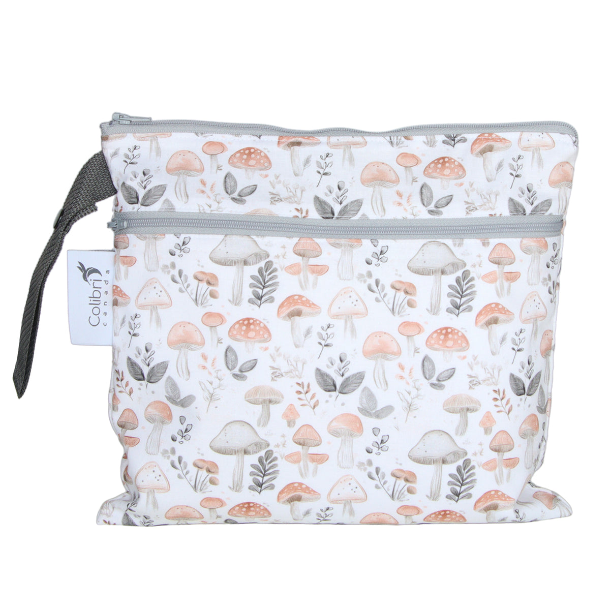 Reusable double-zipper pouch with mushroom pattern on a white background