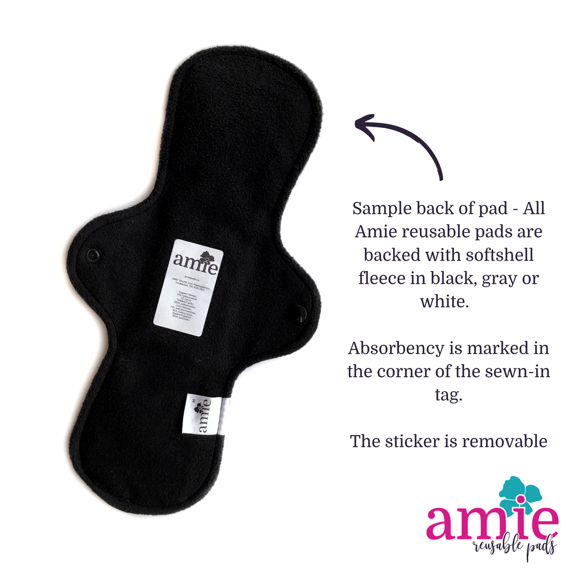 Sample back of an amie reusable pad showing softshell fleece, legally compliant removable sticker and label with absorbency marked