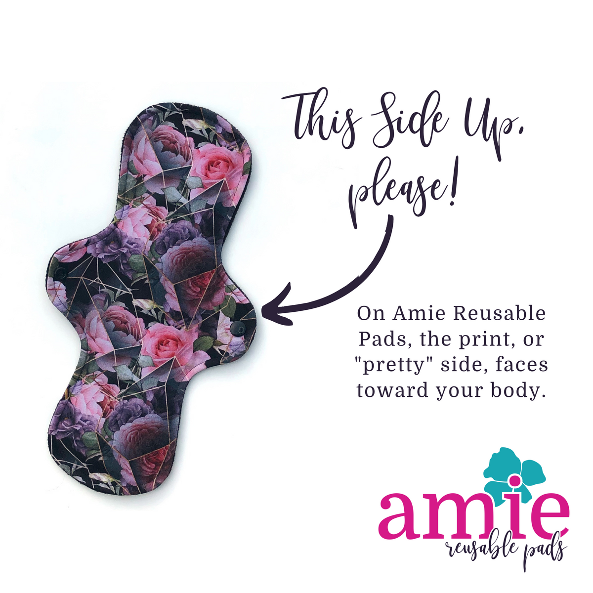 reusable pad with words this side up to indicate that on amie reusable pads the pretty or print side faces toward the body